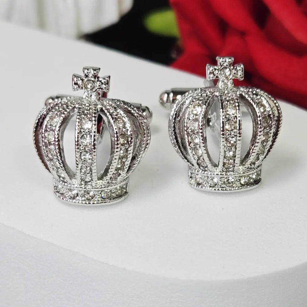 Royal Crown Cufflinks Silver Rhinestone King Regal French Cuff Formal Wedding
